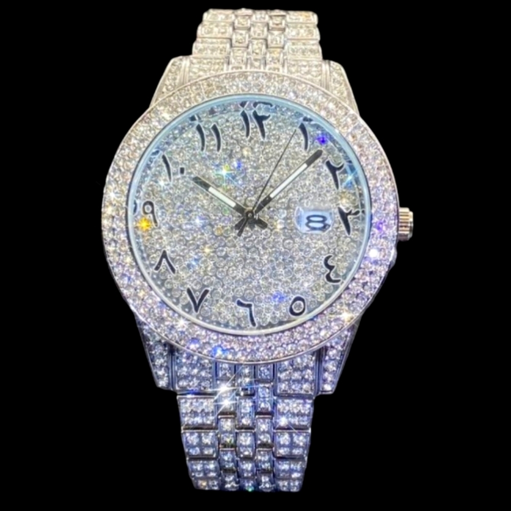 Mens Iced Out Silverplated Waterproof Arabic Numeral Simulated Diamond CZ Watch